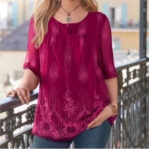 Sundance Cora Embroidered Cupro Wineberry Tunic Blouse Large
